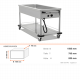 Bain-Marie fahrbar, 4x GN 1/1, 3,5 kW, Thermostat, Edelstahl, 1505×705×850 mm – Abmessungen