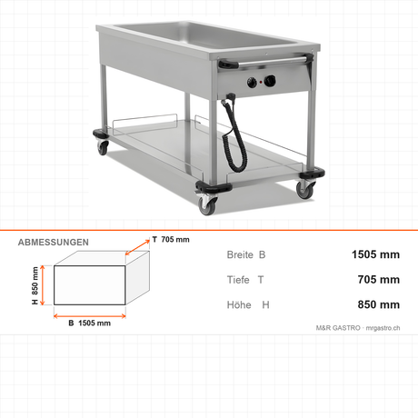 Bain-Marie fahrbar, 4x GN 1/1, 3,5 kW, Thermostat, Edelstahl, 1505×705×850 mm – Abmessungen