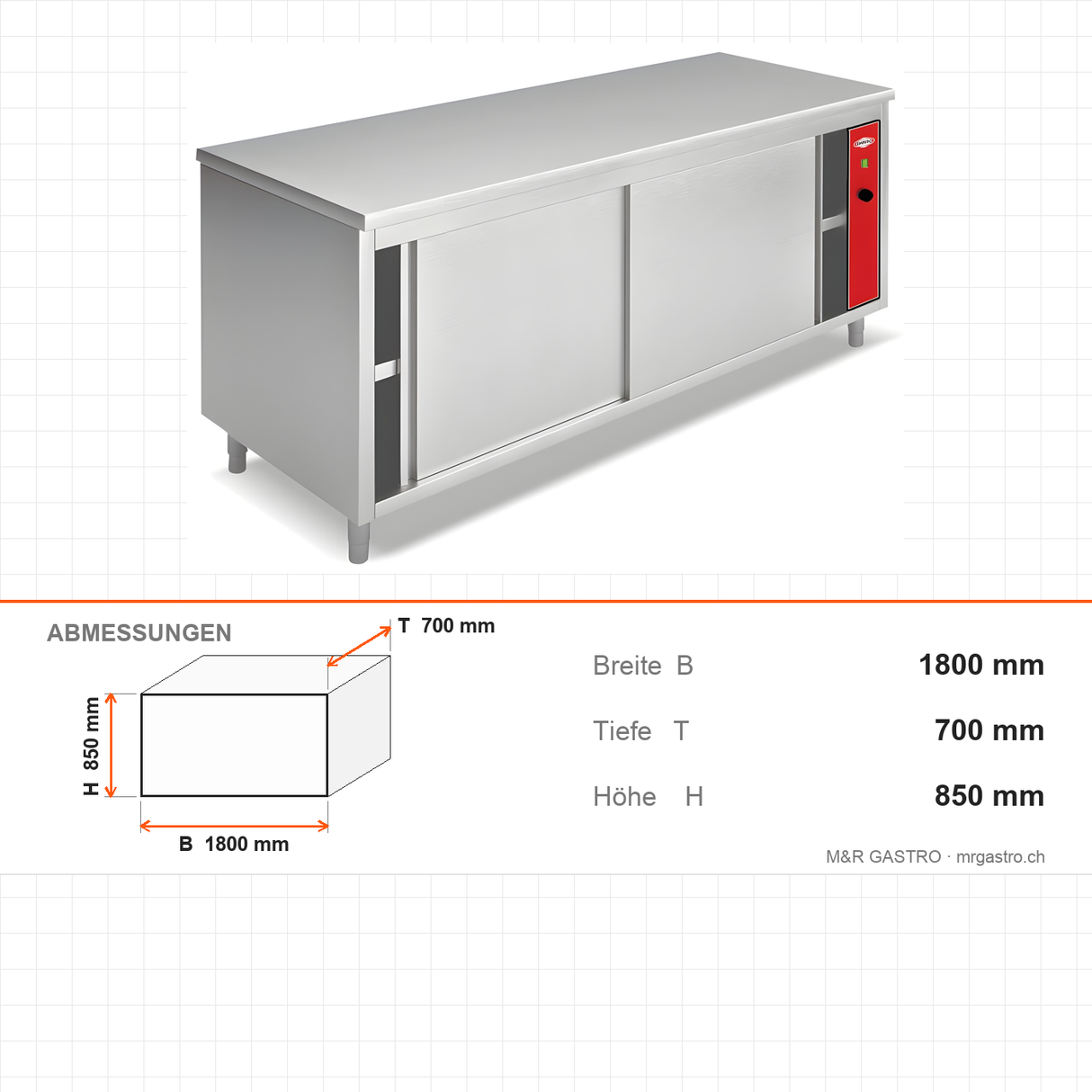 Heißhalteschrank, 2 kW, Edelstahl, 1800×700×850 mm – Abmessungen