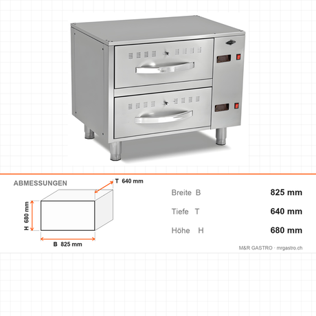 Wärmeschublade, 2 Schubladen, 4 kW, GN 1/1, 825×640×680 mm – Abmessungen