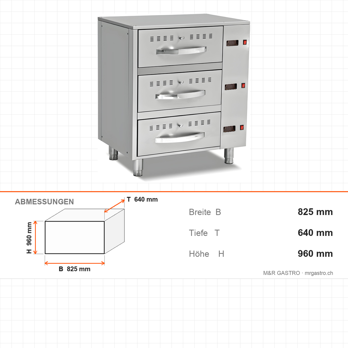 Wärmeschublade, 3 Schubladen, 6 kW, GN 1/1, 825×640×960 mm – Abmessungen