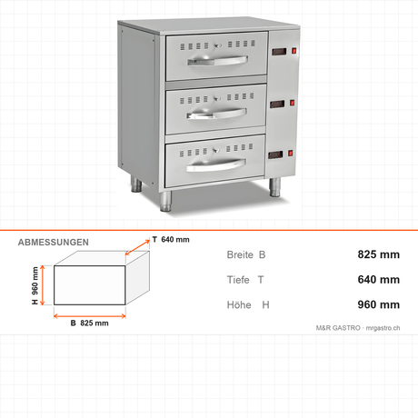 Wärmeschublade, 3 Schubladen, 6 kW, GN 1/1, 825×640×960 mm – Abmessungen
