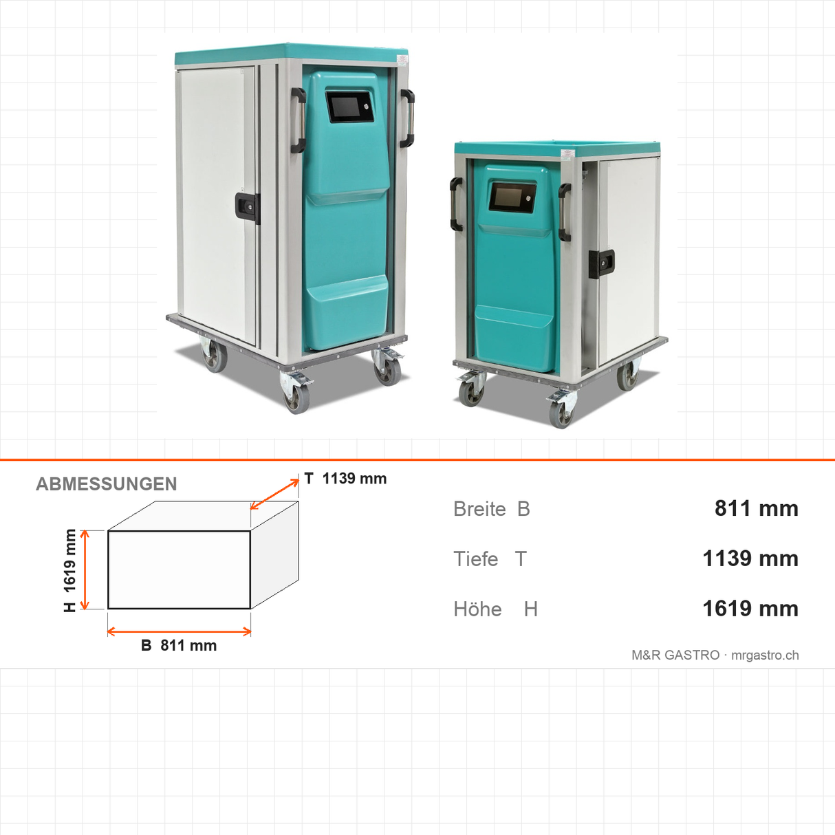Speisetransportwagen warm-kalt, 30 Fächer, einstellbar 0/100 °C, 7" Touchscreen, sechs Rollen, abschließbare Türen, 811×1139×1619 mm – Abmessungen