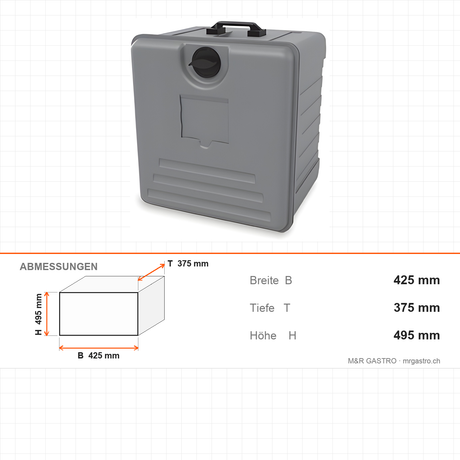 Thermobox GN 1/2, isolierte Tragetasche, 19,5 Liter, 425×375×495 mm, für warmen Transport – Abmessungen