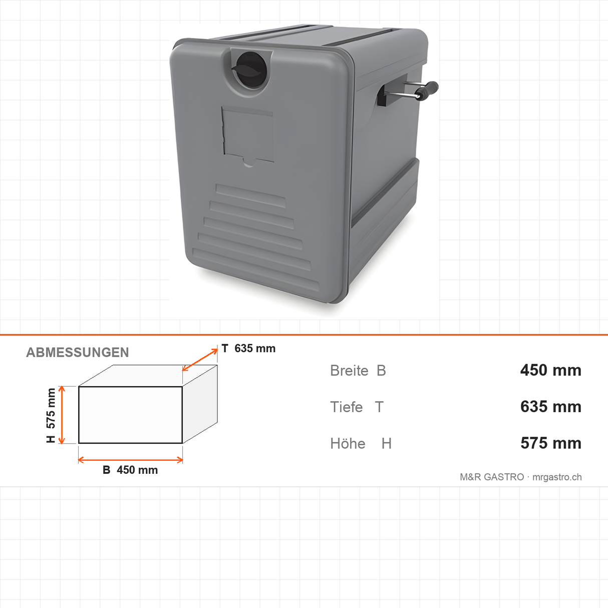 Thermobox, isolierte Transportbox, 83 Liter, 450×635×575 mm, für warmen und kalten Transport – Abmessungen