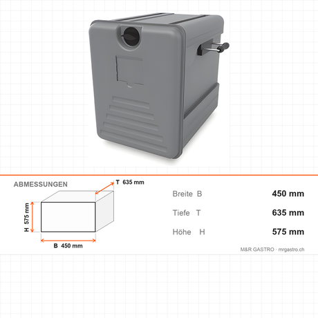 Thermobox, isolierte Transportbox, 83 Liter, 450×635×575 mm, für warmen und kalten Transport – Abmessungen