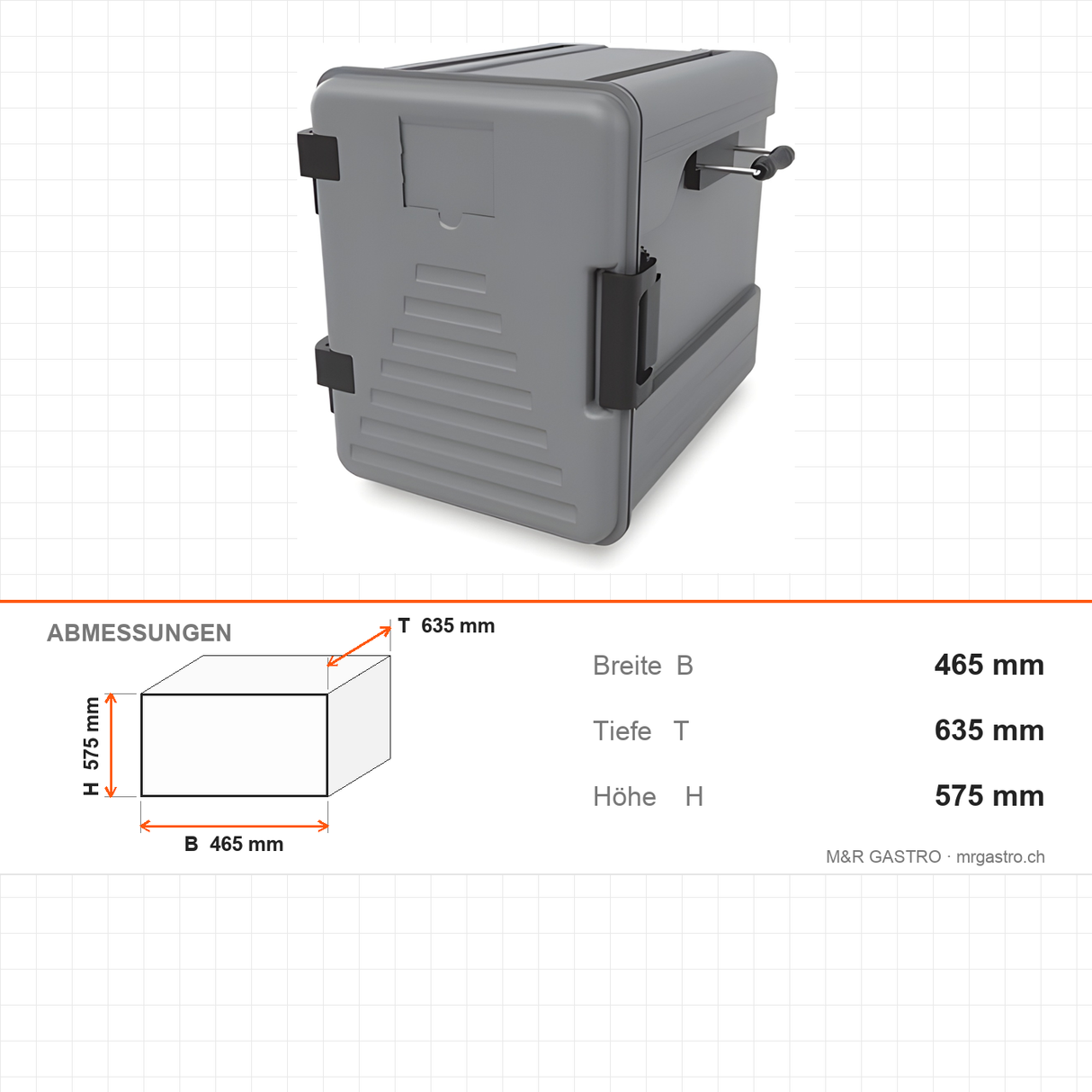 Thermobox, isolierte Transportbox, 83 Liter, 465×635×575 mm, für warmen und kalten Transport – Abmessungen