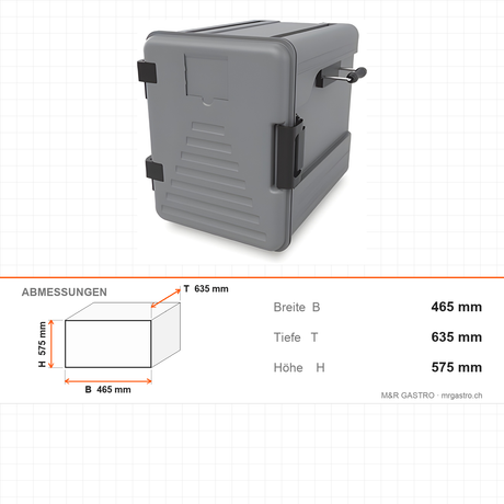 Thermobox, isolierte Transportbox, 83 Liter, 465×635×575 mm, für warmen und kalten Transport – Abmessungen