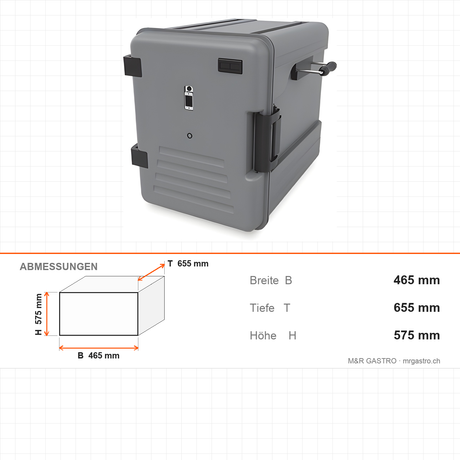 Thermobox mit Heizung, beheizte Transportbox, 83 Liter, seitlich angeschlagene Tür, 465×655×575 mm – Abmessungen