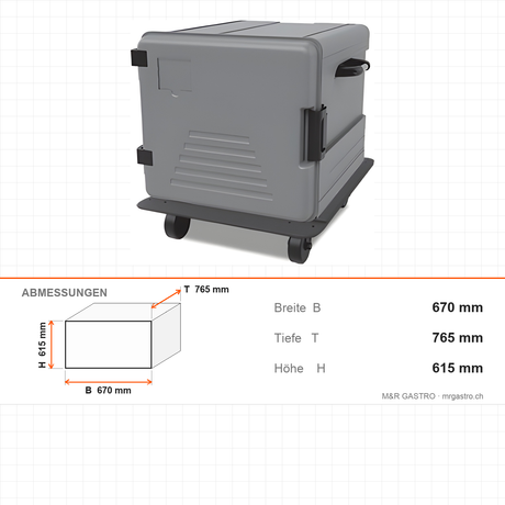 Thermobox, isolierte Transportbox, 180 Liter, für GN 2/1, 670×765×615 mm, für warmen und kalten Transport – Abmessungen