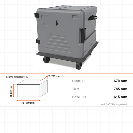 Thermobox mit Heizung, beheizte Transportbox, 180 Liter, für GN 2/1, 670×785×615 mm – Abmessungen