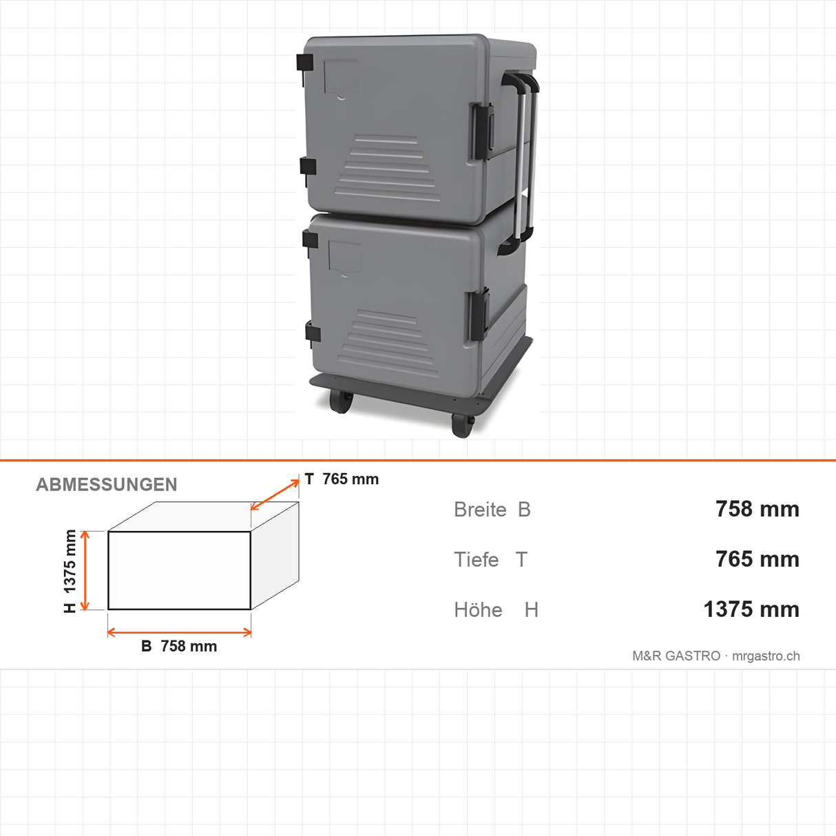 Thermobox, isolierte Transportbox, 2x180 Liter, 758×765×1375 mm, für warmen und kalten Transport – Abmessungen