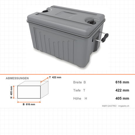 Thermobox, isolierte Transportbox, 48 Liter, für GN 1/1, mit Tragegriff, 616×422×405 mm – Abmessungen