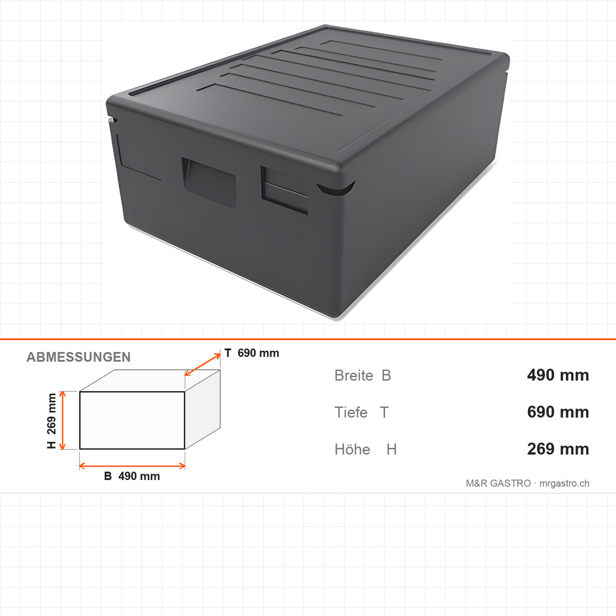 Transportbox aus EPP, leichte Isolierbox, 53 Liter, 490×690×269 mm, für warmen und kalten Transport – Abmessungen