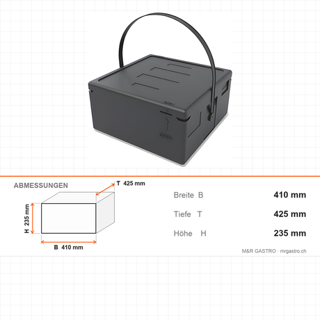 Thermobox für Pizza aus EPP, Transportbox für 4 Pizzen Ø 35 cm, 22 Liter, 410×425×235 mm – Abmessungen