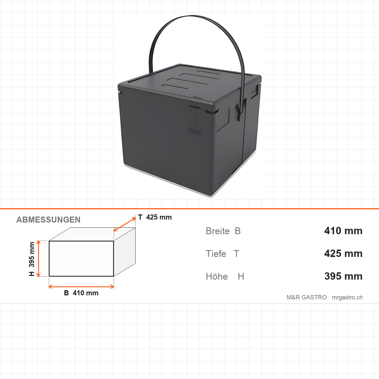 Thermobox für Pizza aus EPP, Transportbox für 8 Pizzen Ø 35 cm, 43 Liter, 410×425×395 mm – Abmessungen
