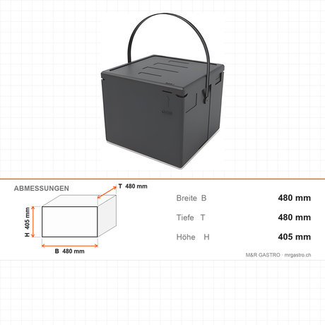 Thermobox für Pizza aus EPP, Transportbox für 8 Pizzen Ø 40 cm, 59 Liter, 480×480×405 mm – Abmessungen