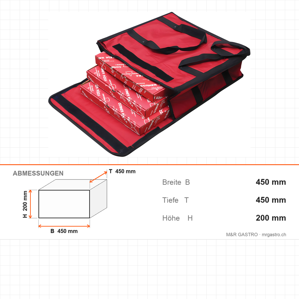 Thermotasche für Pizza, isolierte Transporttasche, 450×450×200 mm, für warmen Transport – Abmessungen