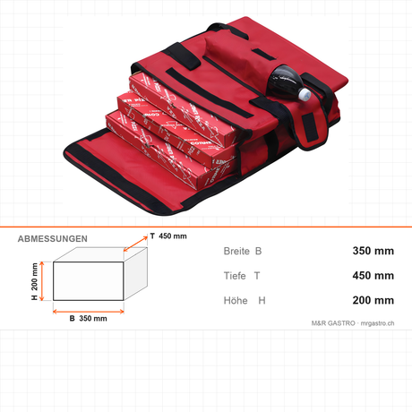 Thermotasche für Lieferdienst, isolierte Transporttasche mit Zusatztasche, 350×450×200 mm, für warmen Transport – Abmessungen