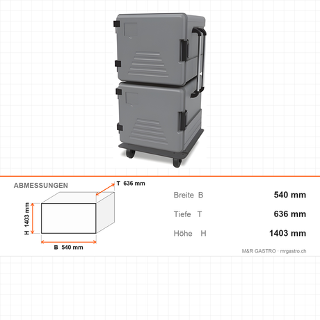 Thermobox, isolierte Transportbox, 2x83 Liter, seitlich angeschlagene Türen, 540×636×1403 mm – Abmessungen