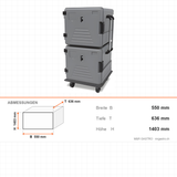 Thermobox mit Heizung, beheizte Transportbox, 2x83 Liter, seitlich angeschlagene Türen, 550×636×1403 mm – Abmessungen