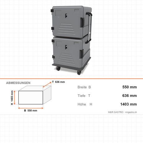 Thermobox mit Heizung, beheizte Transportbox, 2x83 Liter, seitlich angeschlagene Türen, 550×636×1403 mm – Abmessungen