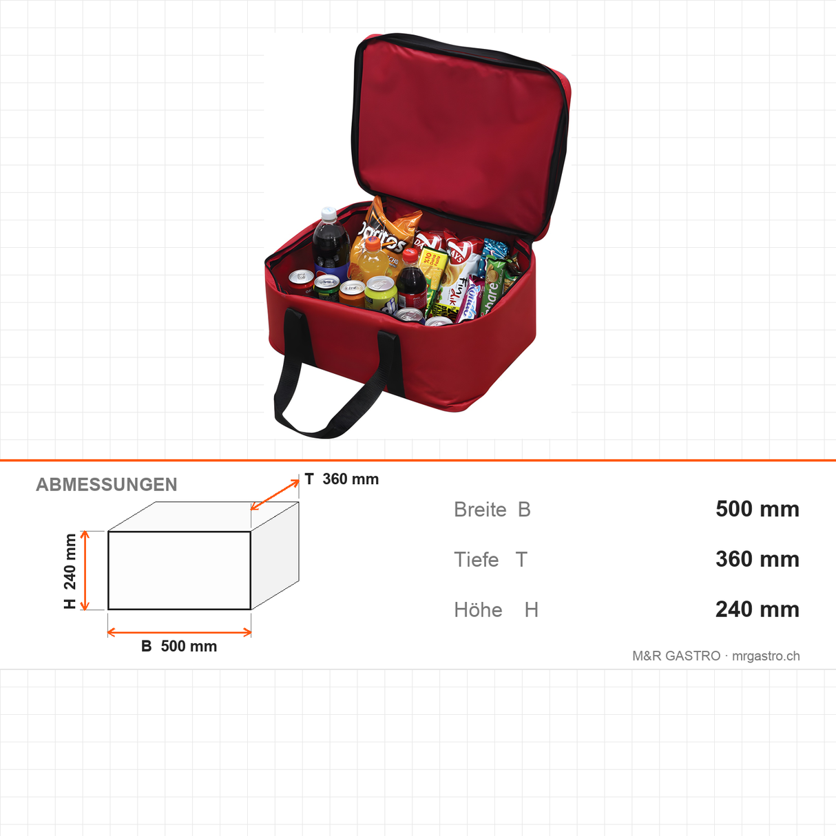 Thermotasche für Lieferdienst, isolierte Transporttasche, 500×360×240 mm, für warmen Transport – Abmessungen