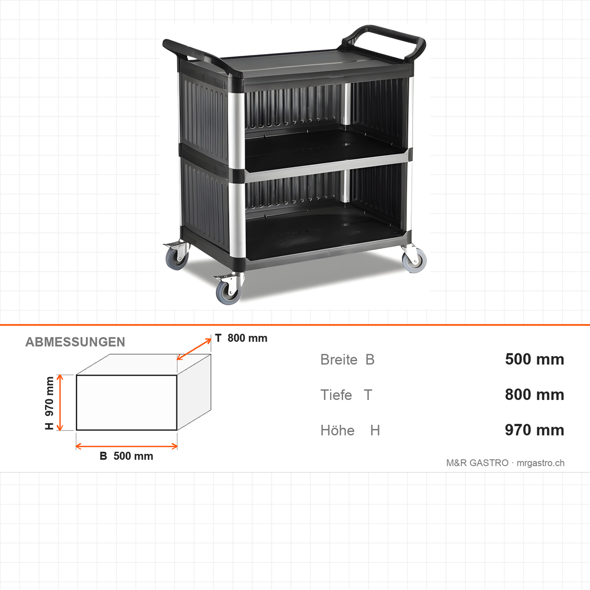Servierwagen Kunststoff, 2 Etagen, 500×800×970 mm, mit Rollen – Abmessungen