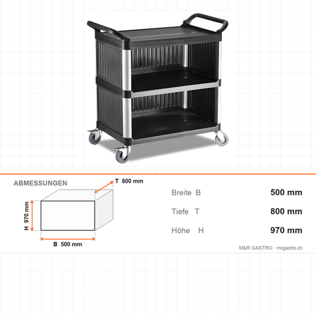Servierwagen Kunststoff, 2 Etagen, 500×800×970 mm, mit Rollen – Abmessungen