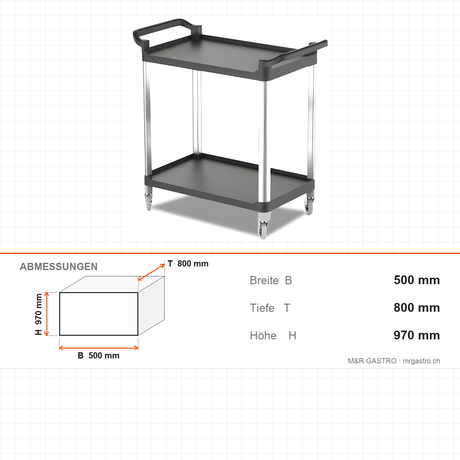 Servierwagen Kunststoff, 2 Etagen, 500×800×970 mm, mit Rollen – Abmessungen
