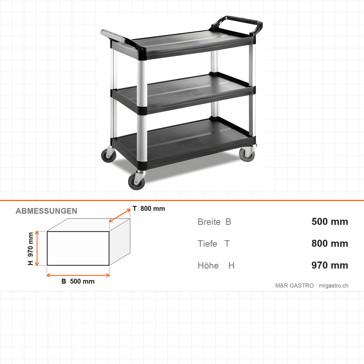 Servierwagen Kunststoff, 3 Etagen, 500×800×970 mm, mit Rollen – Abmessungen