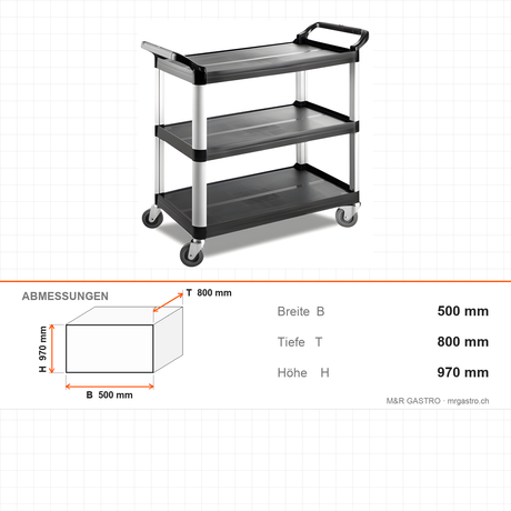 Servierwagen Kunststoff, 3 Etagen, 500×800×970 mm, mit Rollen – Abmessungen