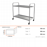 Servierwagen Edelstahl, 2 Etagen, 550×860×900 mm, mit Rollen – Abmessungen