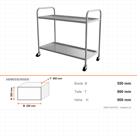 Servierwagen Edelstahl, 2 Etagen, 550×860×900 mm, mit Rollen – Abmessungen