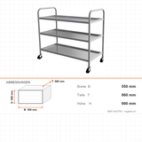 Servierwagen Edelstahl, 3 Etagen, 550×860×900 mm, mit Rollen – Abmessungen