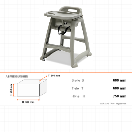 Baby-Hochstuhl, Kunststoff, 600×600×750 mm, 6,5 kg – Abmessungen