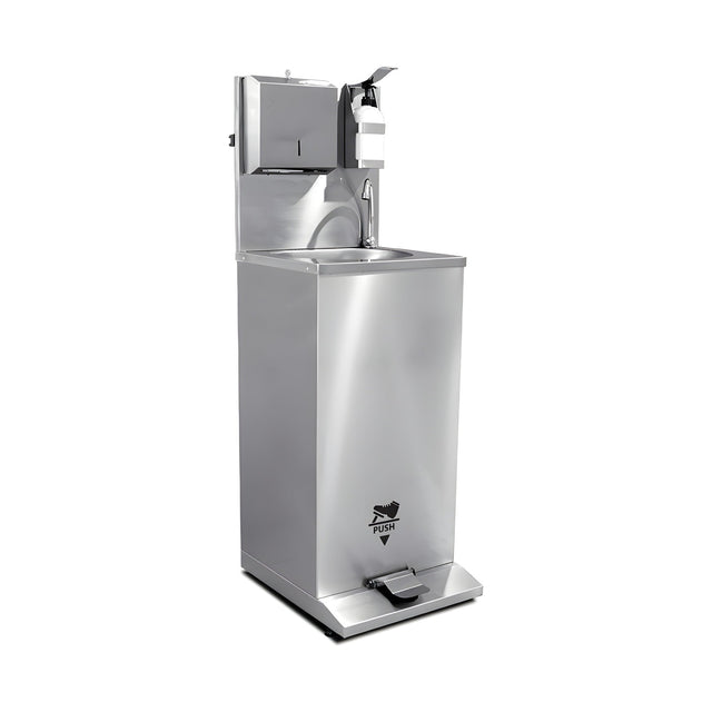 Handwaschstation mobil, Fußbedienung, Edelstahl, 500×655×900 mm – Produktbild