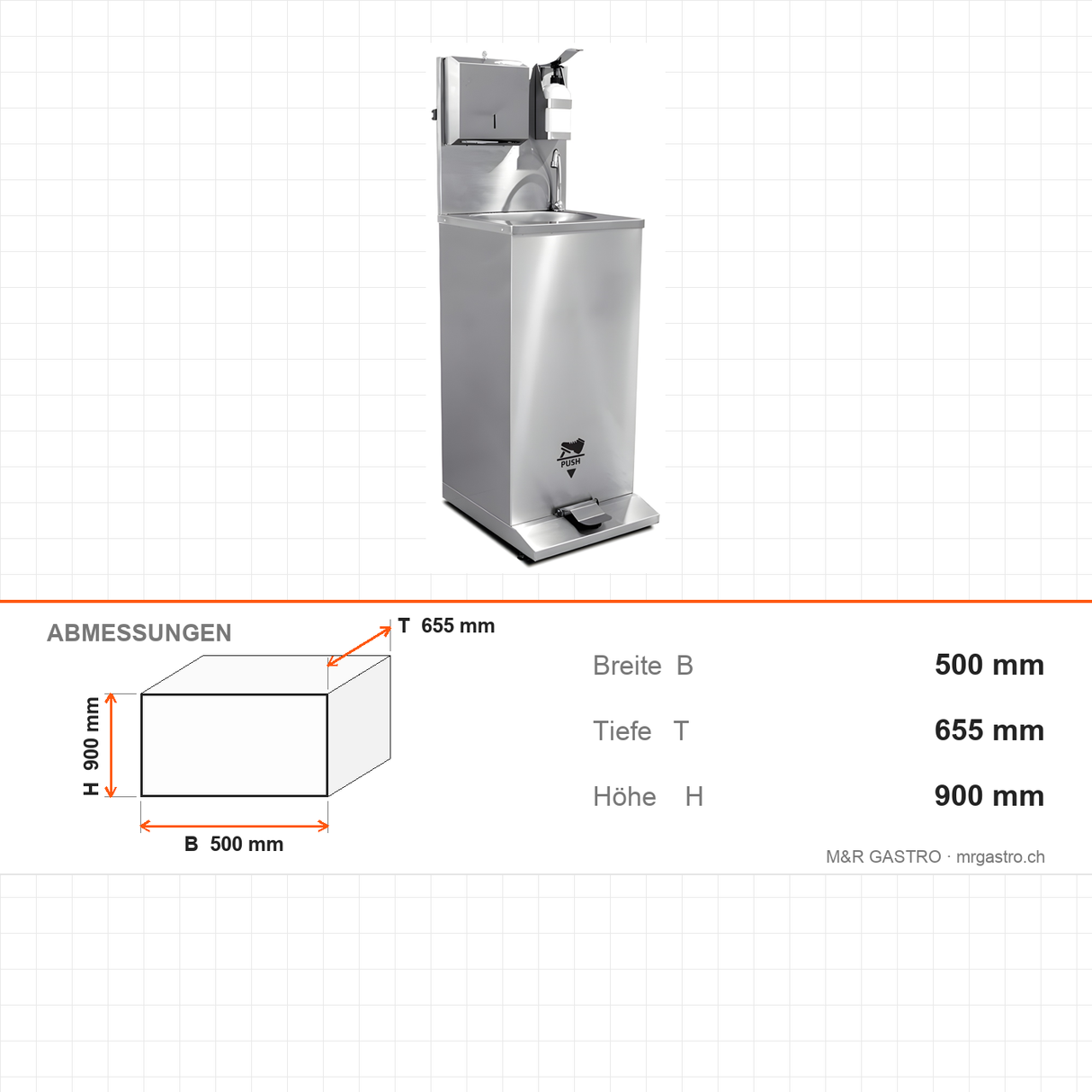Handwaschstation mobil, Fußbedienung, Edelstahl, 500×655×900 mm – Abmessungen