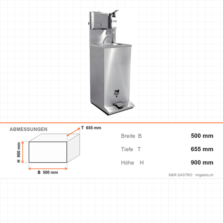 Handwaschstation mobil, Fußbedienung, Edelstahl, 500×655×900 mm – Abmessungen