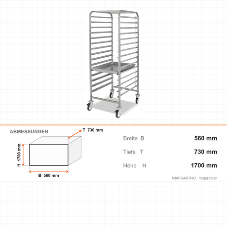 Tablettwagen, für Tabletts 50×70 cm, robust, 560×730×1700 mm – Abmessungen