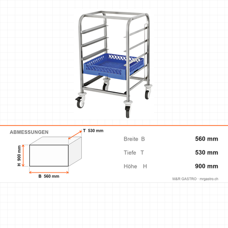 Transportwagen für Körbe, mit Schienen, 5 Körbe, 560×530×900 mm – Abmessungen