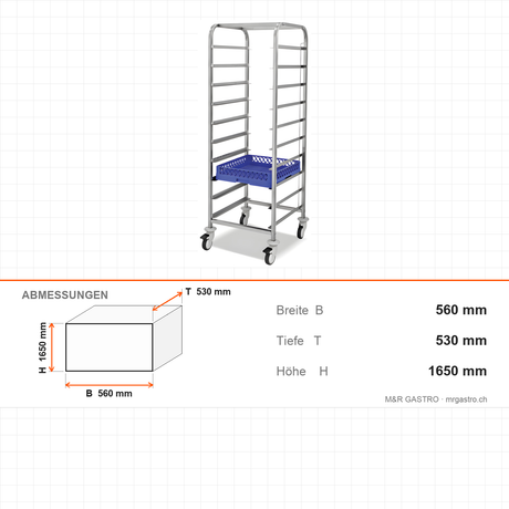 Transportwagen für Körbe, mit Schienen, 10 Körbe, 560×530×1650 mm – Abmessungen