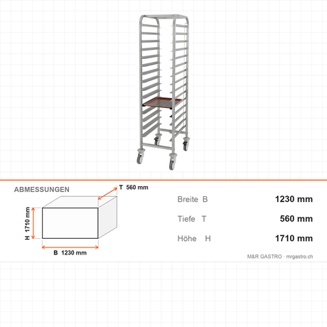 Tablettwagen mit Schienen, dreireihig, für 39-45 Tabletts 37×53 cm, 1230×560×1710 mm – Abmessungen