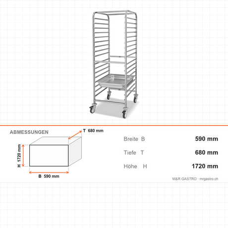 GN-Wagen, High Single, für 17x GN 2/1, 17 Ebenen, 590×680×1720 mm – Abmessungen
