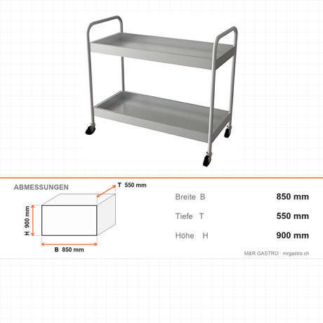 Tablettwagen, Edelstahl, kompakt, 850×550×900 mm – Abmessungen
