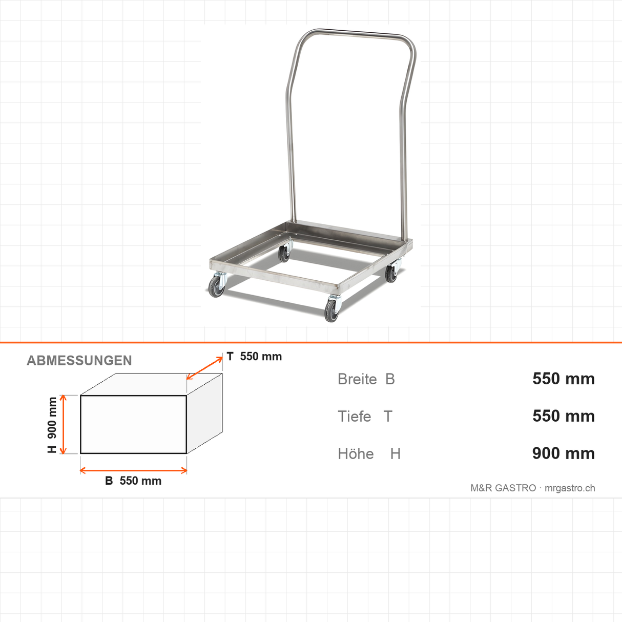 Transportwagen Edelstahl, 550×550×900 mm, mit Rollen – Abmessungen