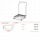 Transportwagen Edelstahl, 550×550×900 mm, mit Rollen – Abmessungen