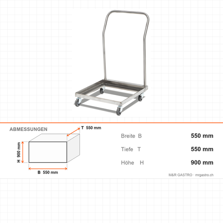 Transportwagen Edelstahl, 550×550×900 mm, mit Rollen – Abmessungen