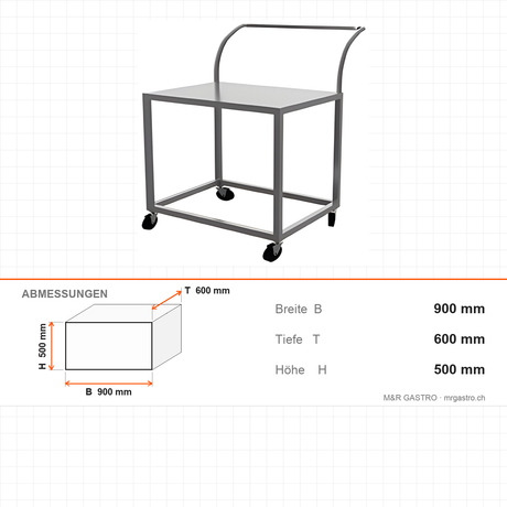 Transportwagen Edelstahl, 900×600×500 mm, mit Rollen, Serie 700 – Abmessungen