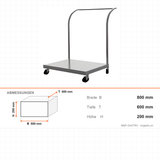 Plattformwagen Edelstahl, robust, 800×600×200 mm, mit Rollen – Abmessungen